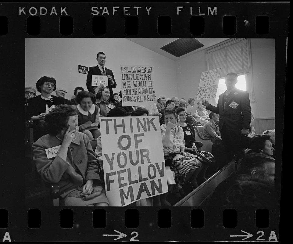 Spectators' gallery at City Council Chamber jammed during hearing on urban renewal of Bunker Hill area