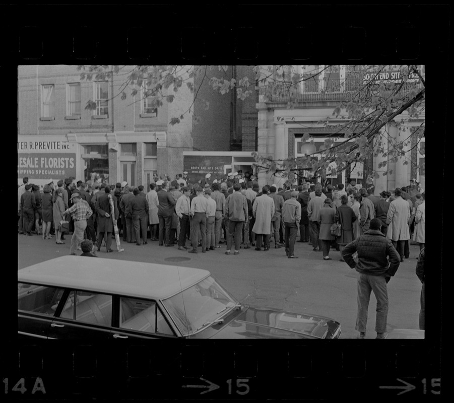 People gathered outside of Boston Redevelopment Authority South End office during sit-in