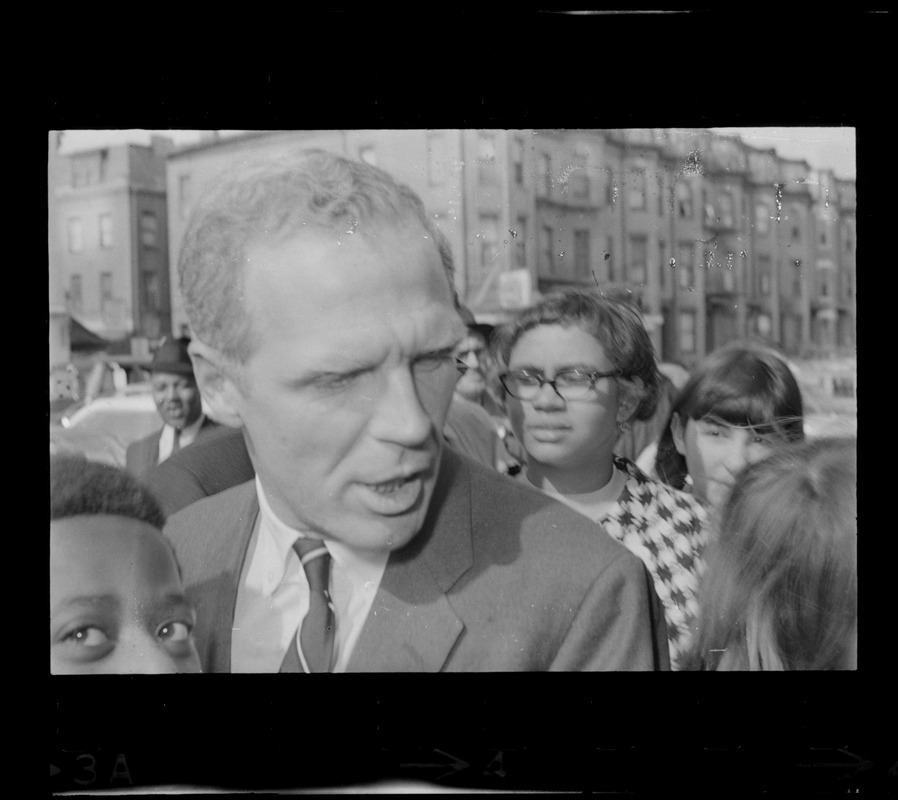 Mayor Kevin White seen outside Boston Redevelopment Authority office during sit-in