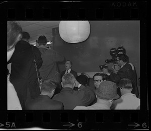 Mayor Kevin White surrounded by journalists at Boston Redevelopment Authority sit-in