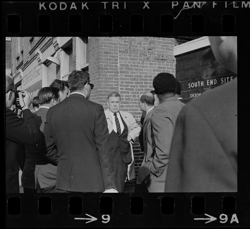 Superintendent Herbert F. Mulloney outside of Boston Redevelopment Authority South End office during sit-in