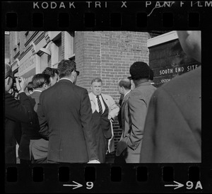 Superintendent Herbert F. Mulloney outside of Boston Redevelopment Authority South End office during sit-in