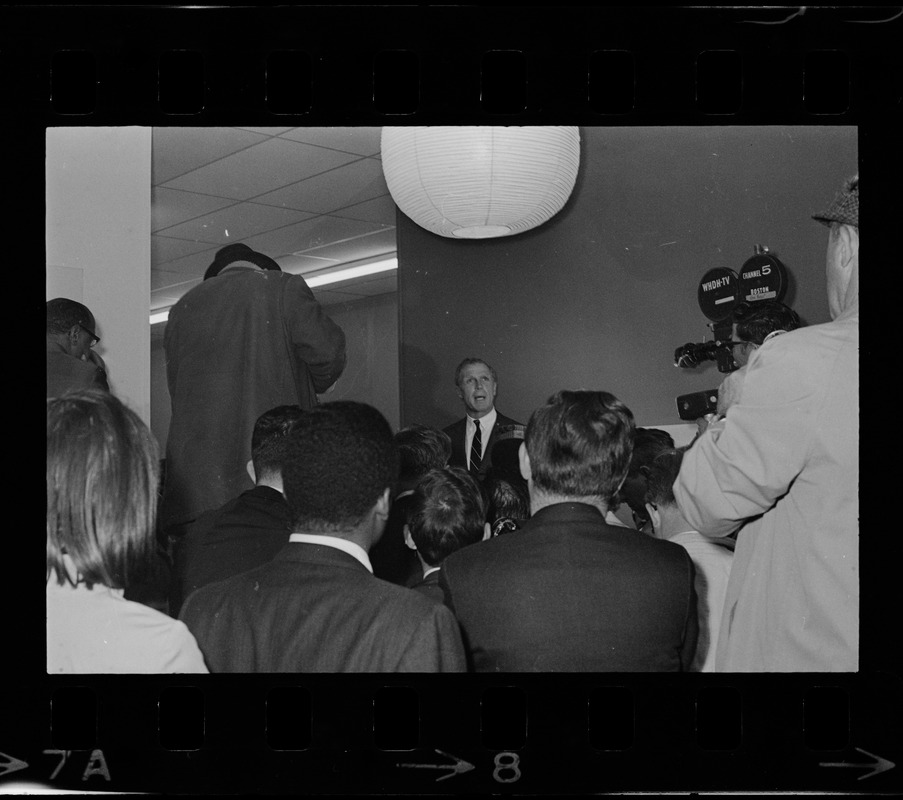 Mayor Kevin White speaking inside Boston Redevelopment Authority office during BRA sit-in