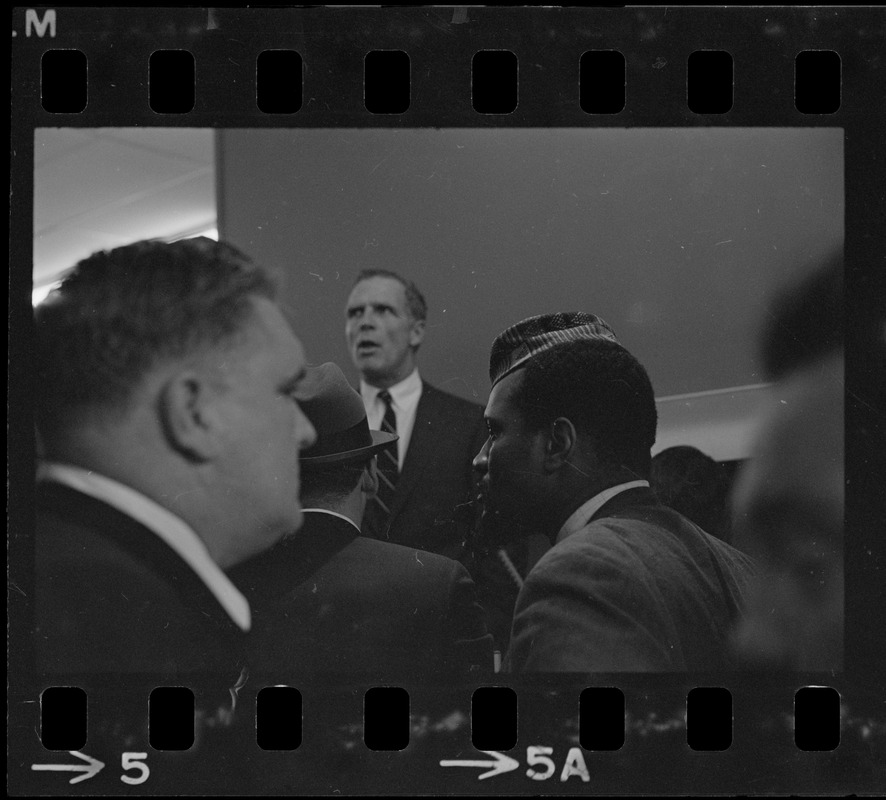 Mayor Kevin White speaking inside Boston Redevelopment Authority office during BRA sit-in