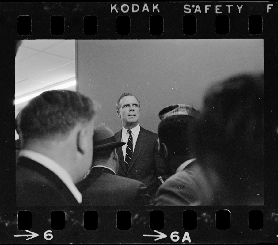 Mayor Kevin White speaking inside Boston Redevelopment Authority office during BRA sit-in