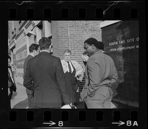 Superintendent Herbert F. Mulloney and others outside of Boston Redevelopment Authority South End office during sit-in