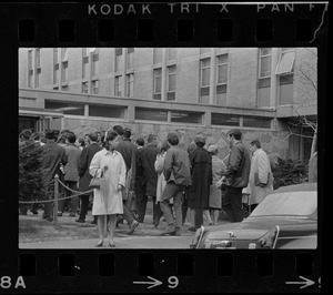 Crowd outside building at Boston University during sit-in