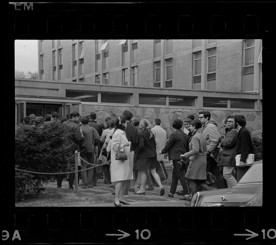 Crowd outside building at Boston University during sit-in