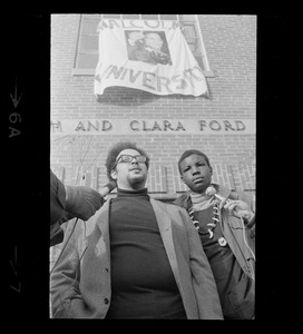 Randall Bailey and Reggie Sapp outside of Ford Hall speaking during Brandeis University sit-in