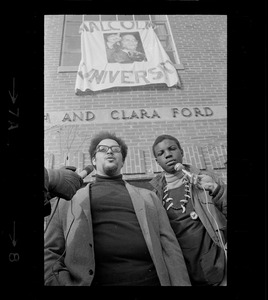 Randall Bailey and Reggie Sapp outside of Ford Hall speaking during Brandeis University sit-in