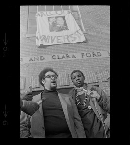 Randall Bailey and Reggie Sapp outside of Ford Hall speaking during Brandeis University sit-in