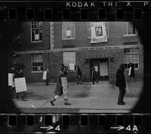 Protest by University of Connecticut students with signs supporting black rights seen outside of Ford Hall during sit-in at Brandeis University