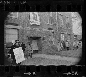 Protest by University of Connecticut students with signs supporting black rights seen outside of Ford Hall during sit-in at Brandeis University