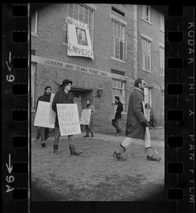 Protest by University of Connecticut students with signs supporting black rights, outside of Ford Hall, during sit-in at Brandeis University