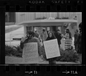 Protest by University of Connecticut students with signs supporting black rights, outside of Ford Hall, during sit-in at Brandeis University