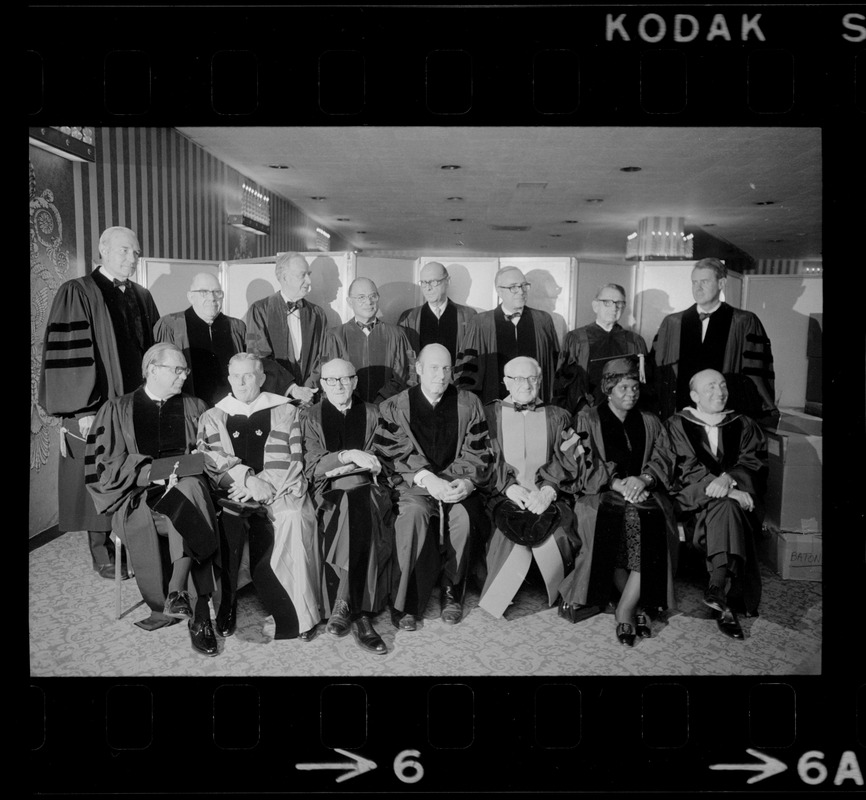 Honorary degree recipients at Brandeis University 20th Commencement sit with President Charles I. Schottland, Brandeis Board Chairman Lawrence A. Wien of New York and Brandeis Chancellor Abram L. Sachar