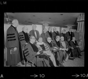 Honorary degree recipients at Brandeis University 20th Commencement sit with President Charles I. Schottland, Brandeis Board Chairman Lawrence A. Wien of New York and Brandeis Chancellor Abram L. Sachar