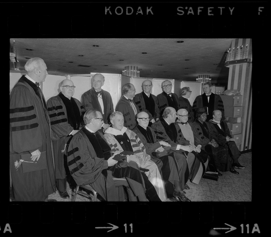 Honorary degree recipients at Brandeis University 20th Commencement sit with President Charles I. Schottland, Brandeis Board Chairman Lawrence A. Wien of New York and Brandeis Chancellor Abram L. Sachar