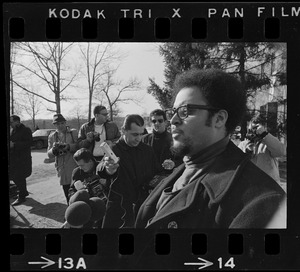 Randall Bailey outside of Ford Hall talking to press during Brandeis University sit-in