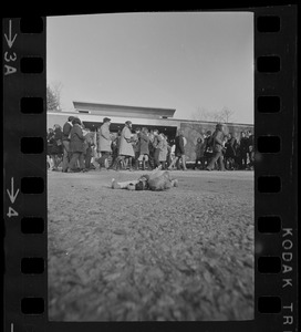 Symbolic doll seen on ground during Vietnam protest and sit-in at Brandeis University