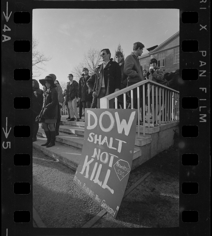 Brandeis University Vietnam protest and sit-in sign "Dow shalt not kill"