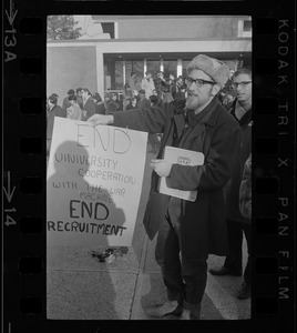 Brandeis University Vietnam protest and sit-in, sign "End University cooperation with the war machine end recruitment"