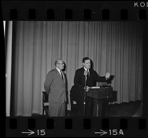 George Buswell, left, President of Shipyard Local #1 and Kenneth T. Lyons, right, National President of the National Association of Shipyard Workers speaking at mass meeting at the Navy Yard