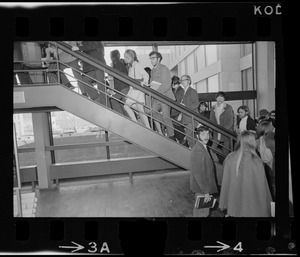 Students for a Democratic Society demonstrators ascending Boston University stairs in the George Sherman Union building