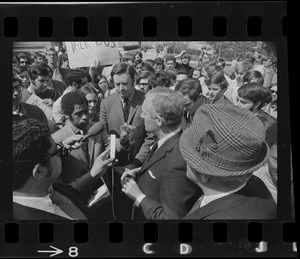 Boston University President Dr. Arland Christ-Janer speaking to reporters during the Students for a Democratic Society demonstration on campus