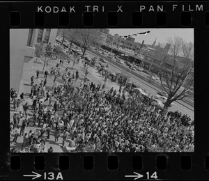 View of crowd of students seen from above during the Students for a Democratic Society demonstration at Boston University