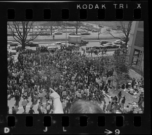 View of crowd of students seen from above during the Students for a Democratic Society demonstration at Boston University
