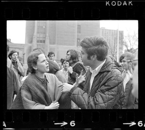 BU student Isabell Carmichael, left, expressing her opinion during gathering to discuss a rally in support of SDS members at Harvard