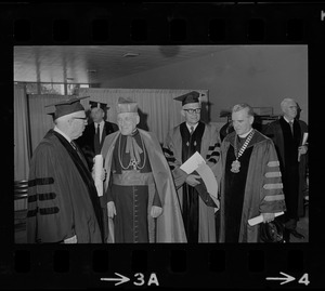 Former Supreme Court Chief Justice Earl Warren, Richard Cardinal Cushing, U.S. Education Comr. James Allen, and Boston College President Rev. W. Seavey Joyce at Boston College commencement
