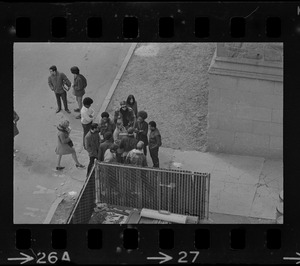 Gathering of a small group of students seen from above at Boston College sit-in