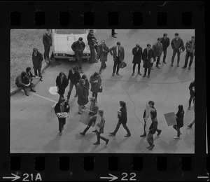 Group walking and seen from above at Boston College sit-in