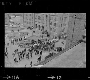 Birdseye view of crowd on campus during Boston College sit-in