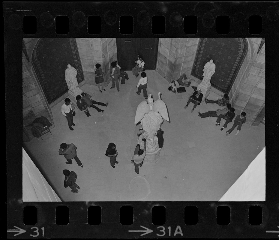 Students inside rotunda of Gasson Hall during Boston College sit-in