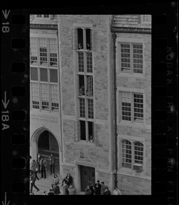 Exterior view of Lyons Hall during Boston College sit-in by 30 black students