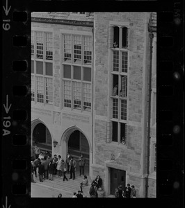 Exterior view of Lyons Hall during Boston College sit-in by 30 black students