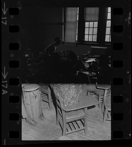 Partial view inside Gasson Hall classroom during Boston College sit-in by 30 black students