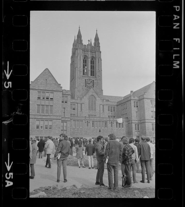 Gasson Hall at Boston College, crowd in foreground, during sit-in