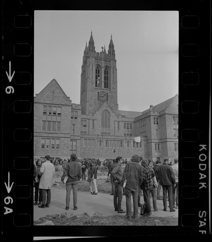 Gasson Hall at Boston College, crowd in foreground, during sit-in