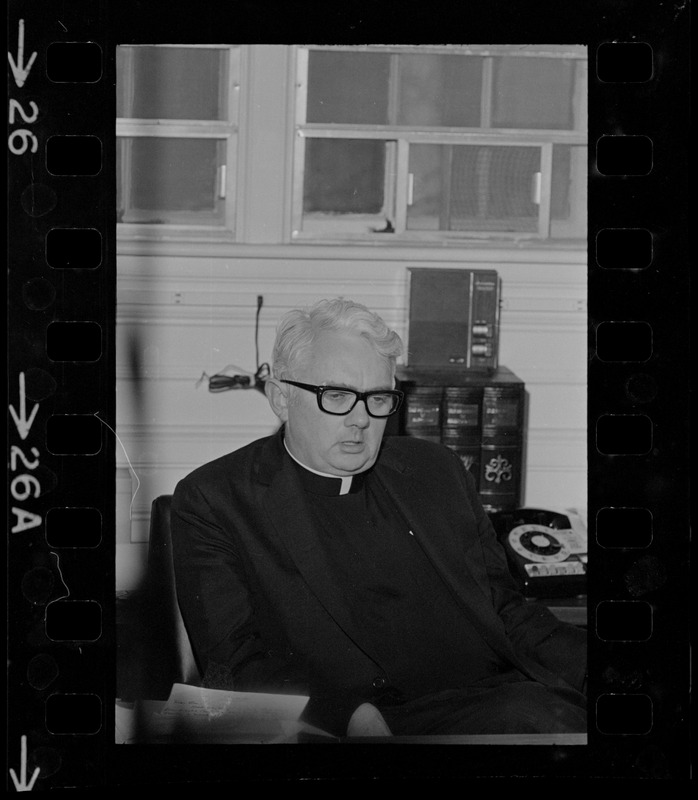Rev. F.X. Shea, Executive Vice-President of Boston College, during sit-in by 30 black students