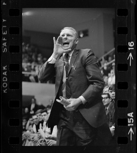 Providence College coach Joe Mullaney yelling from the sidelines during game against Boston College
