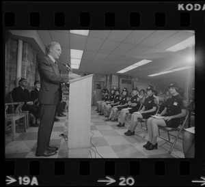 The newest uniformed members of the Boston Police Department listen as Mayor Kevin White address their graduation class at the Police Academy