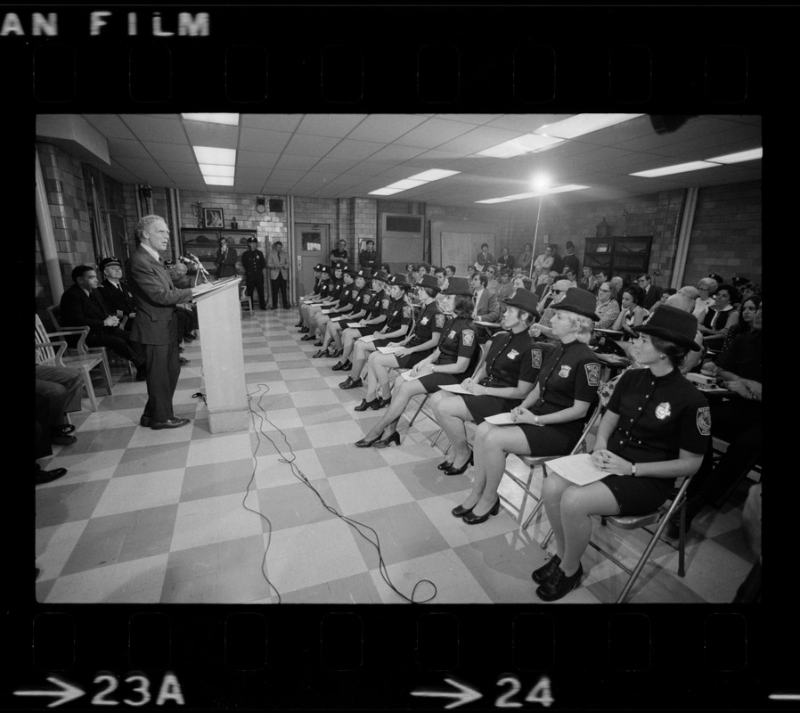 The newest uniformed members of the Boston Police Department listen as Mayor Kevin White address their graduation class at the Police Academy