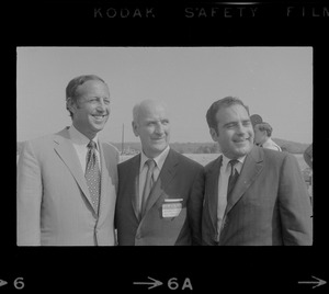 Football Commissioner Pete Rozelle, Patriots President William Sullivan and William Schaeffer, vice president and director of Schaeffer Brewing Co. at Patriots football stadium ground breaking