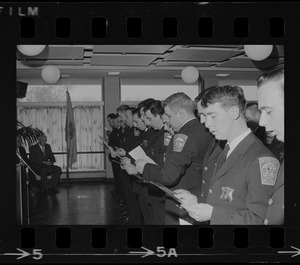 Eager young rookie police officers -- 47 of them -- after completing extensive training at the Boston Police Department Academy in South End, joined ranks of hubs 'finest' at graduation ceremonies at VFW Post, Morton st., Dorchester. At invitation of the commission, members of their families were invited