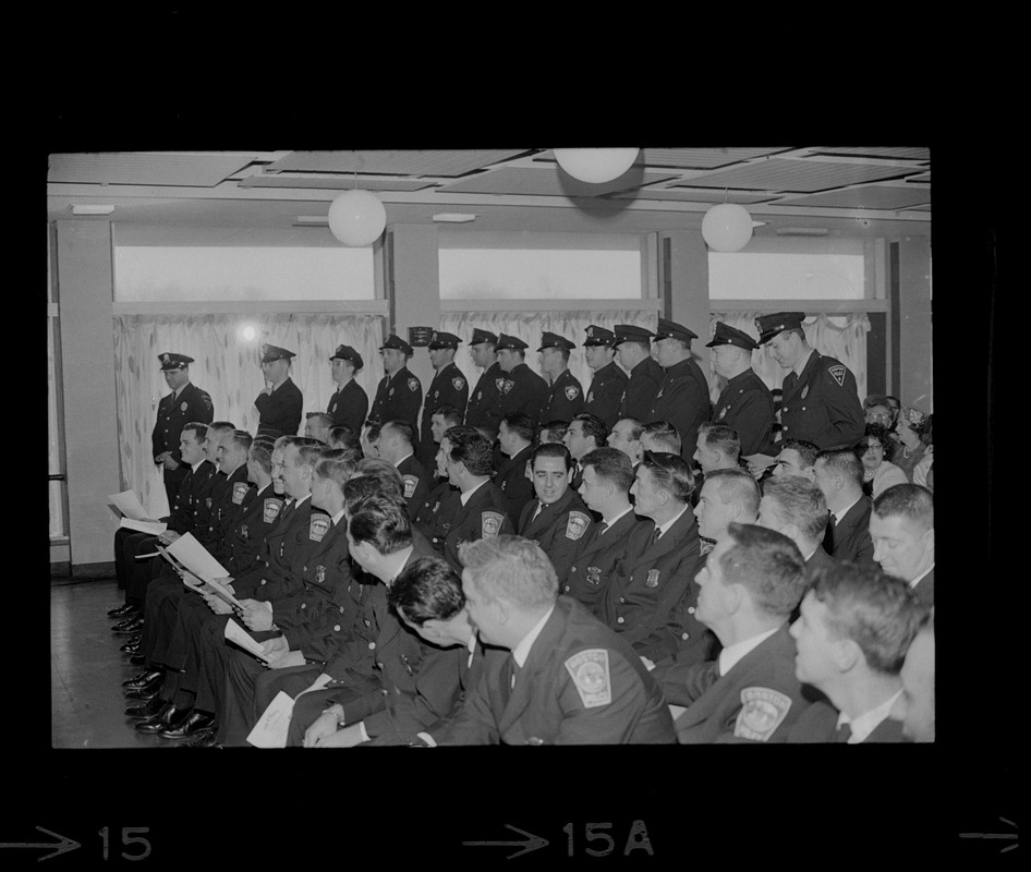 Eager young rookie police officers -- 47 of them -- after completing extensive training at the Boston Police Department Academy in South End, joined ranks of hubs 'finest' at graduation ceremonies at VFW Post, Morton st., Dorchester. At invitation of the commission, members of their families were invited