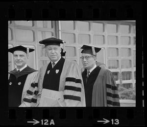 Senator Edward W. Brooke, center, and U.N. Secretary General U Thant, right, and another man at Boston University commencement